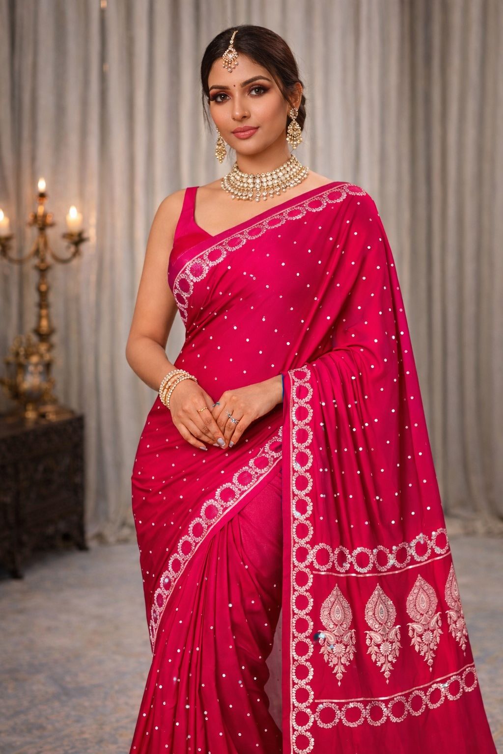 Rani Pink Premium Banarasi Mashru Katan Circle Border Dot Booti Saree