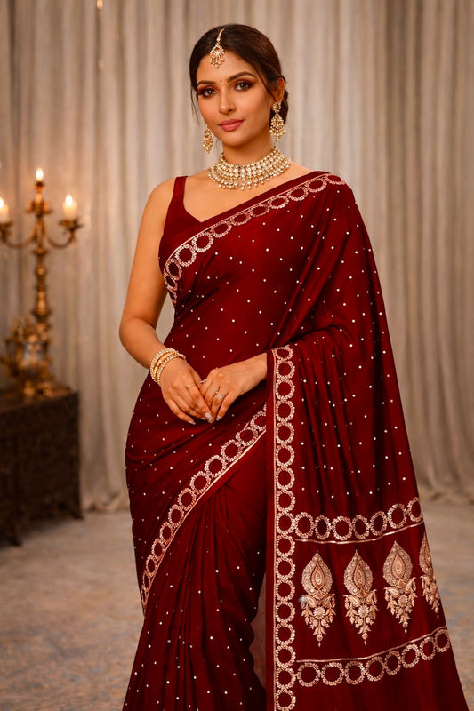 Maroon Premium Banarasi Mashru Katan Circle Border Dot Booti Saree
