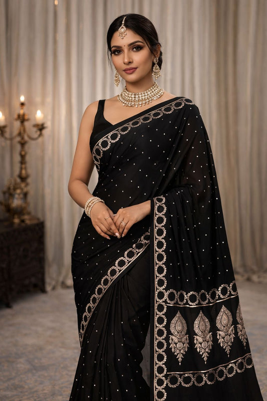 Black Premium Banarasi Mashru Katan Circle Border Dot Booti Saree
