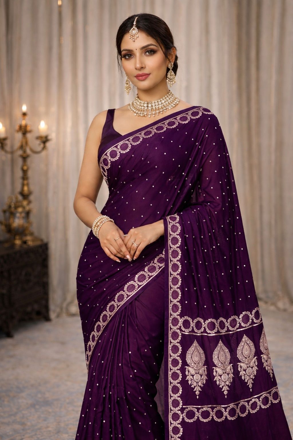 Purple Premium Banarasi Mashru Katan Circle Border Dot Booti Saree