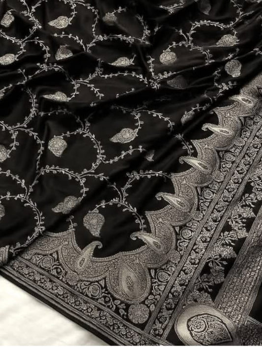 Black Mashru katan Muglai Jaal Saree