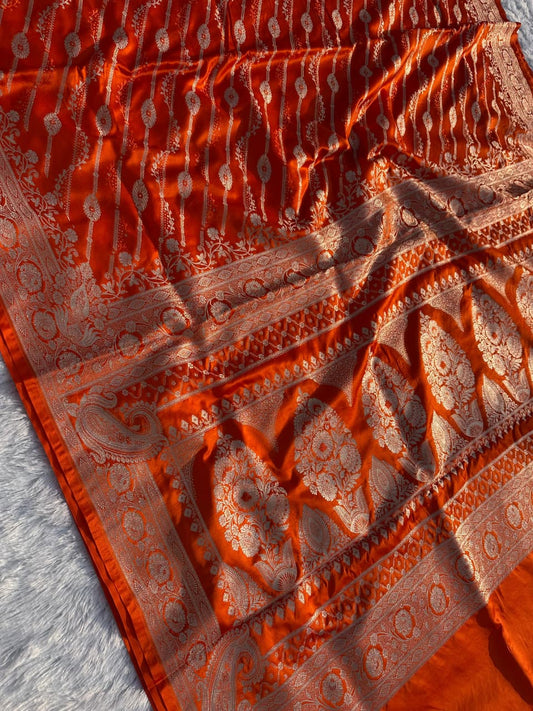 Orange Mashru Katan Fancy Aada Design Saree