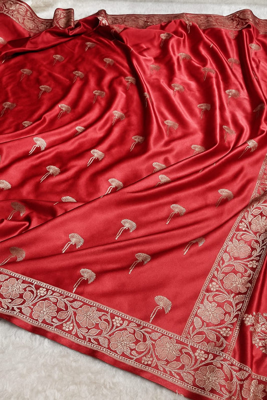 Red Mashru Katan Designer Buti Saree Lite Wait