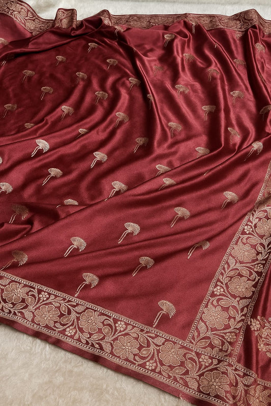 Maroon Mashru Katan Designer Buti Saree Lite Wait