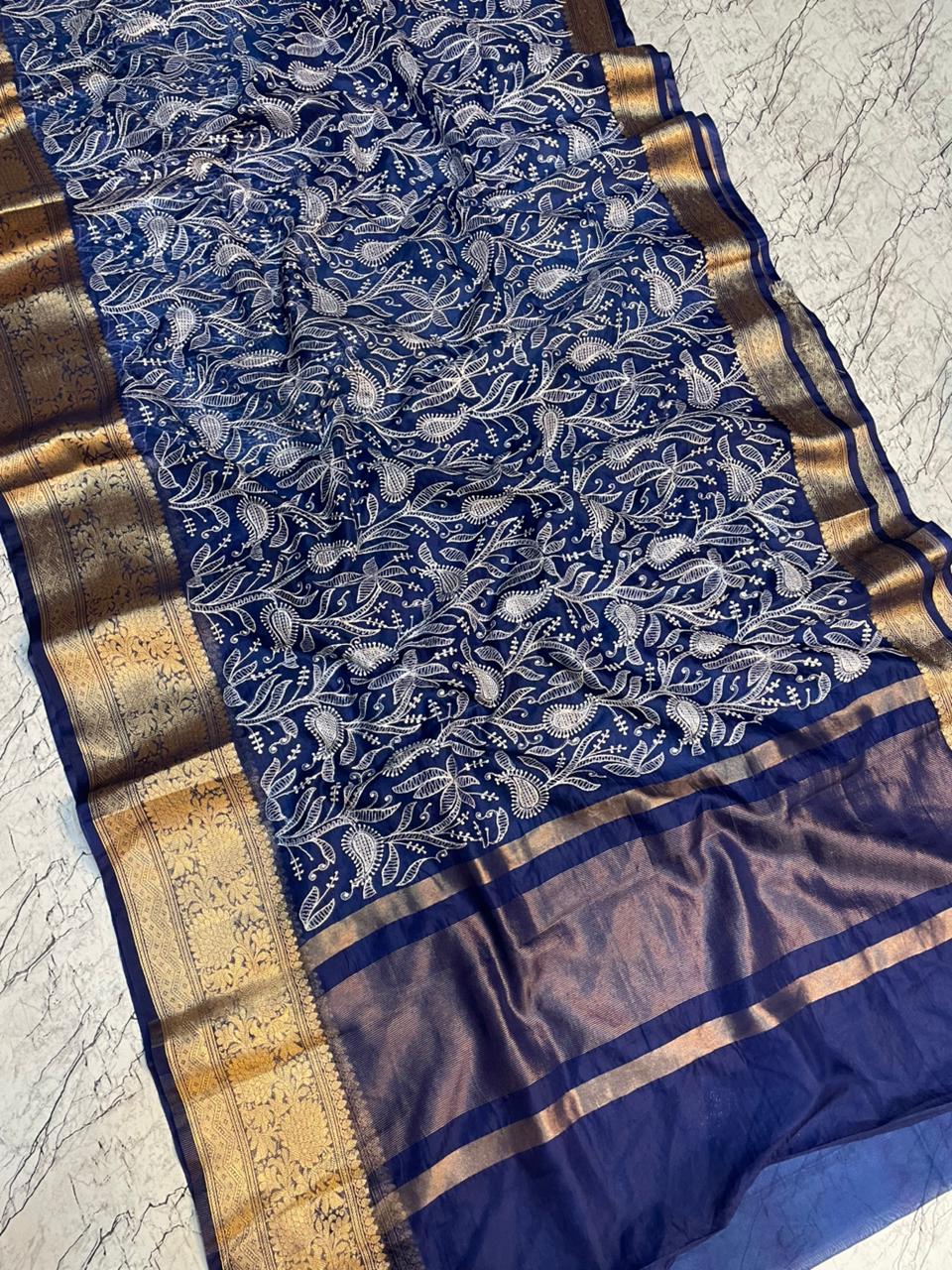 Royal Blue Banarasi Kora Silk Embroidery saree