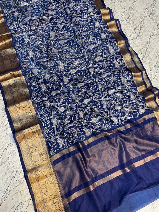 Royal Blue Banarasi Kora Silk Embroidery saree
