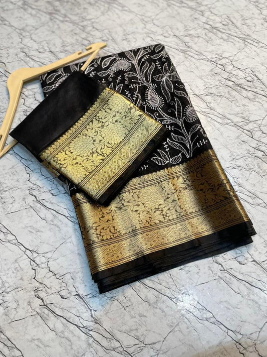 Black Banarasi Kora Silk Embroidery saree