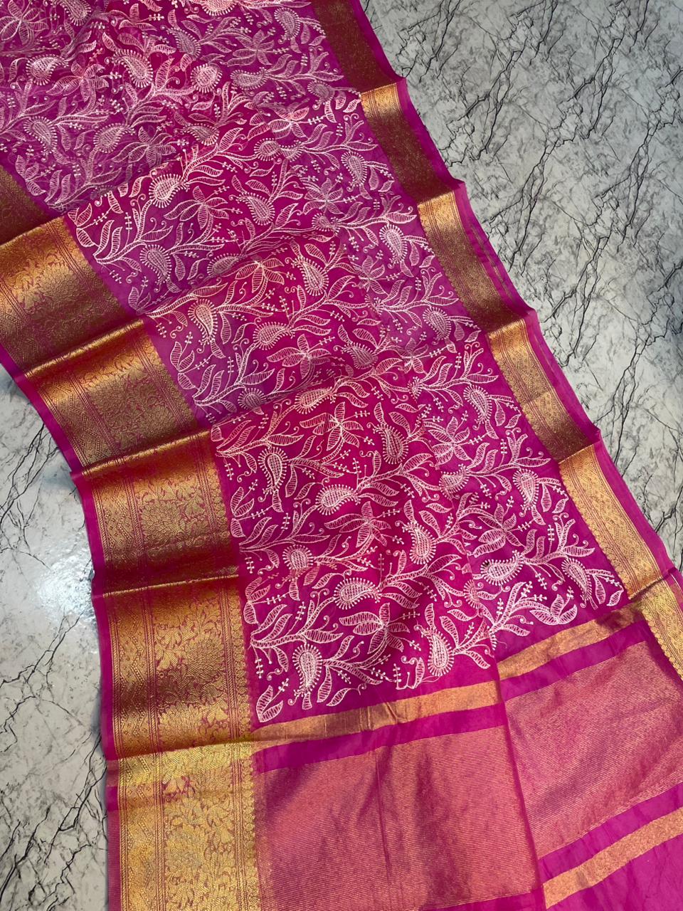 Magenta Banarasi Kora Silk Embroidery saree
