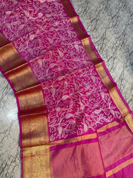 Magenta Banarasi Kora Silk Embroidery saree
