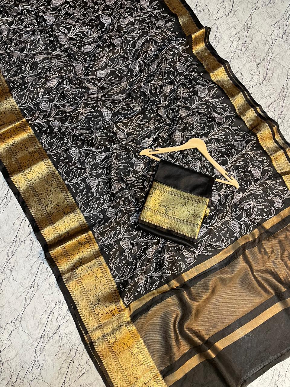 Black Banarasi Kora Silk Embroidery saree