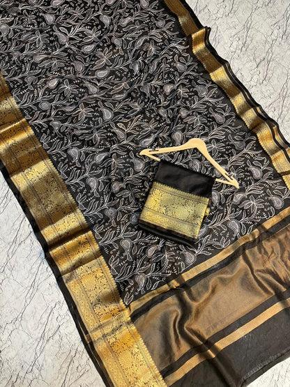 Black Banarasi Kora Silk Embroidery saree