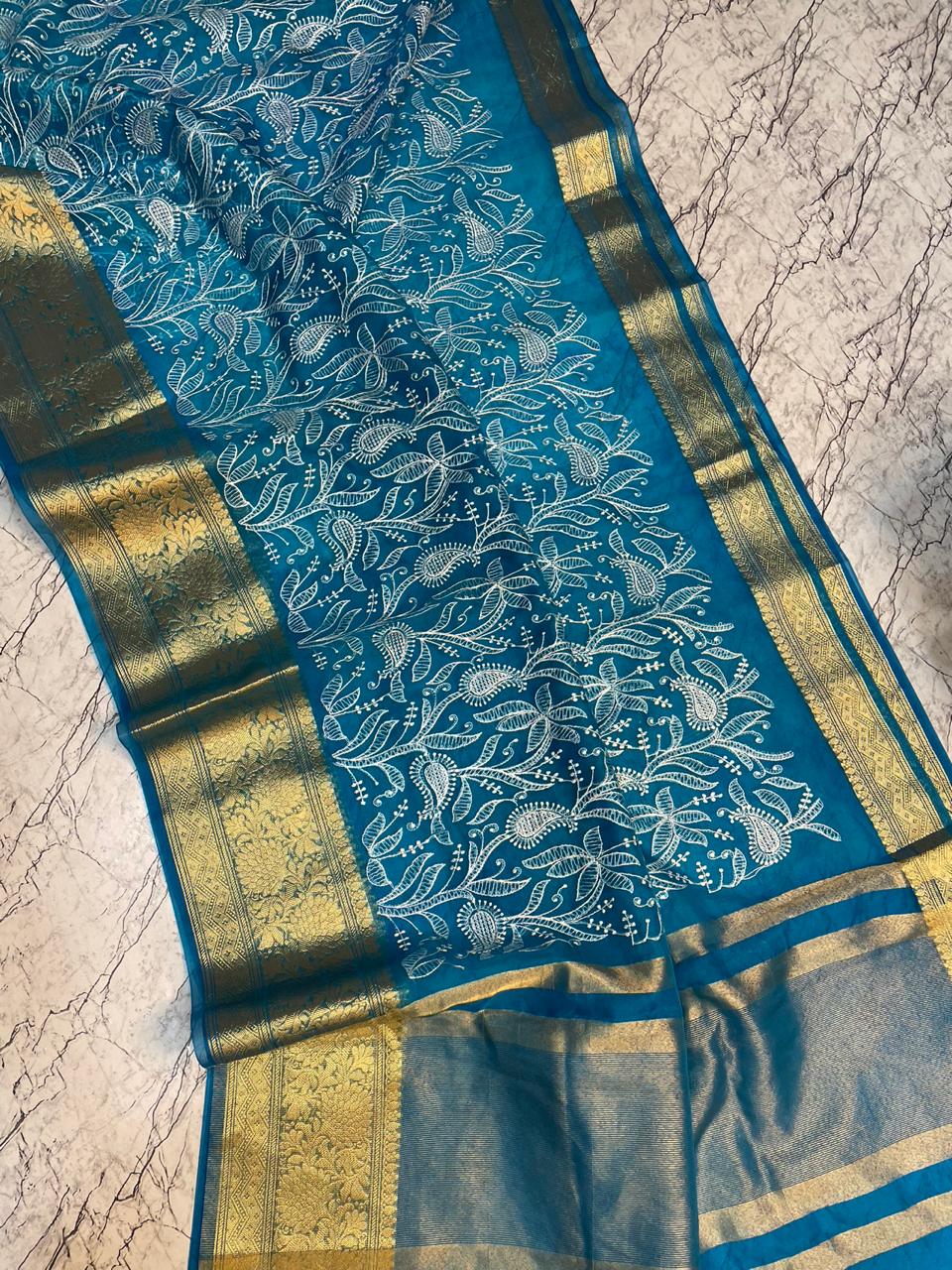 Powder Blue Banarasi Kora Silk Embroidery saree