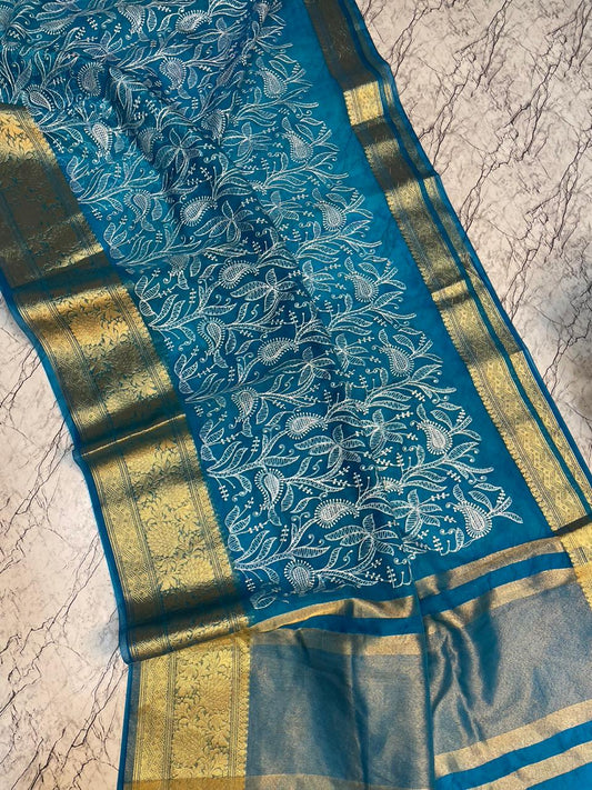 Powder Blue Banarasi Kora Silk Embroidery saree
