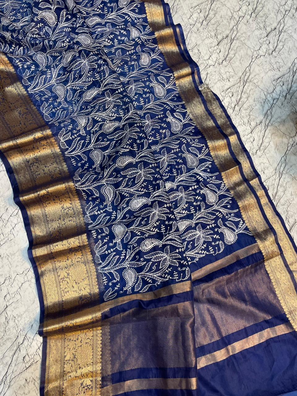 Navy Blue Banarasi Kora Silk Embroidery saree