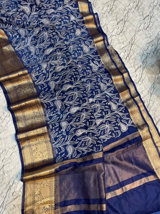 Navy Blue Banarasi Kora Silk Embroidery saree