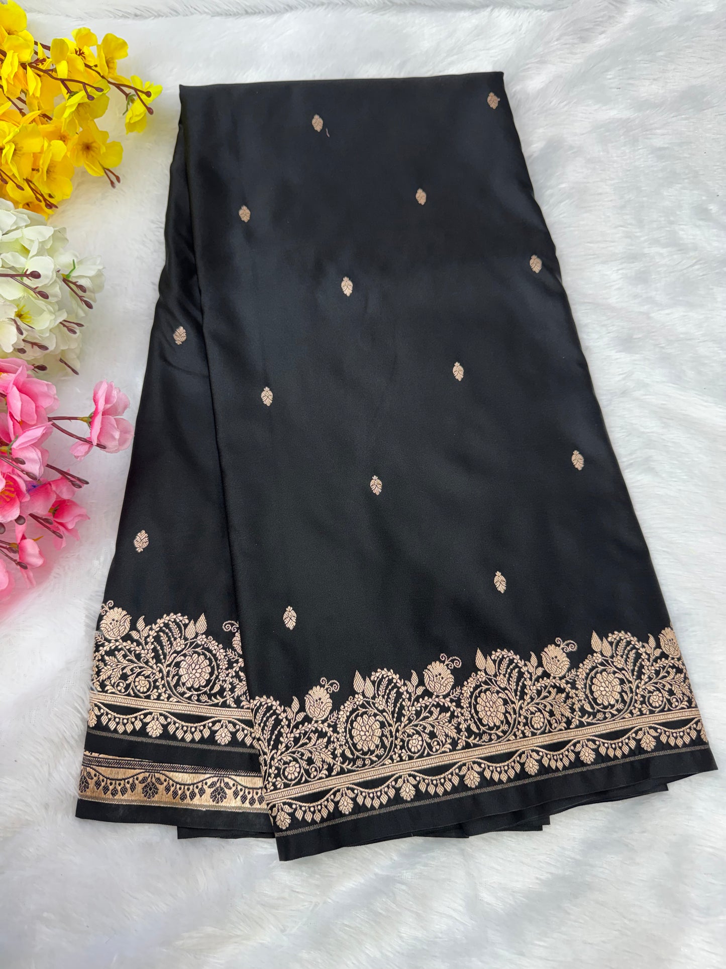 Premium Black Banarasi Mashru Katan Saree with Rose Gold Zari
