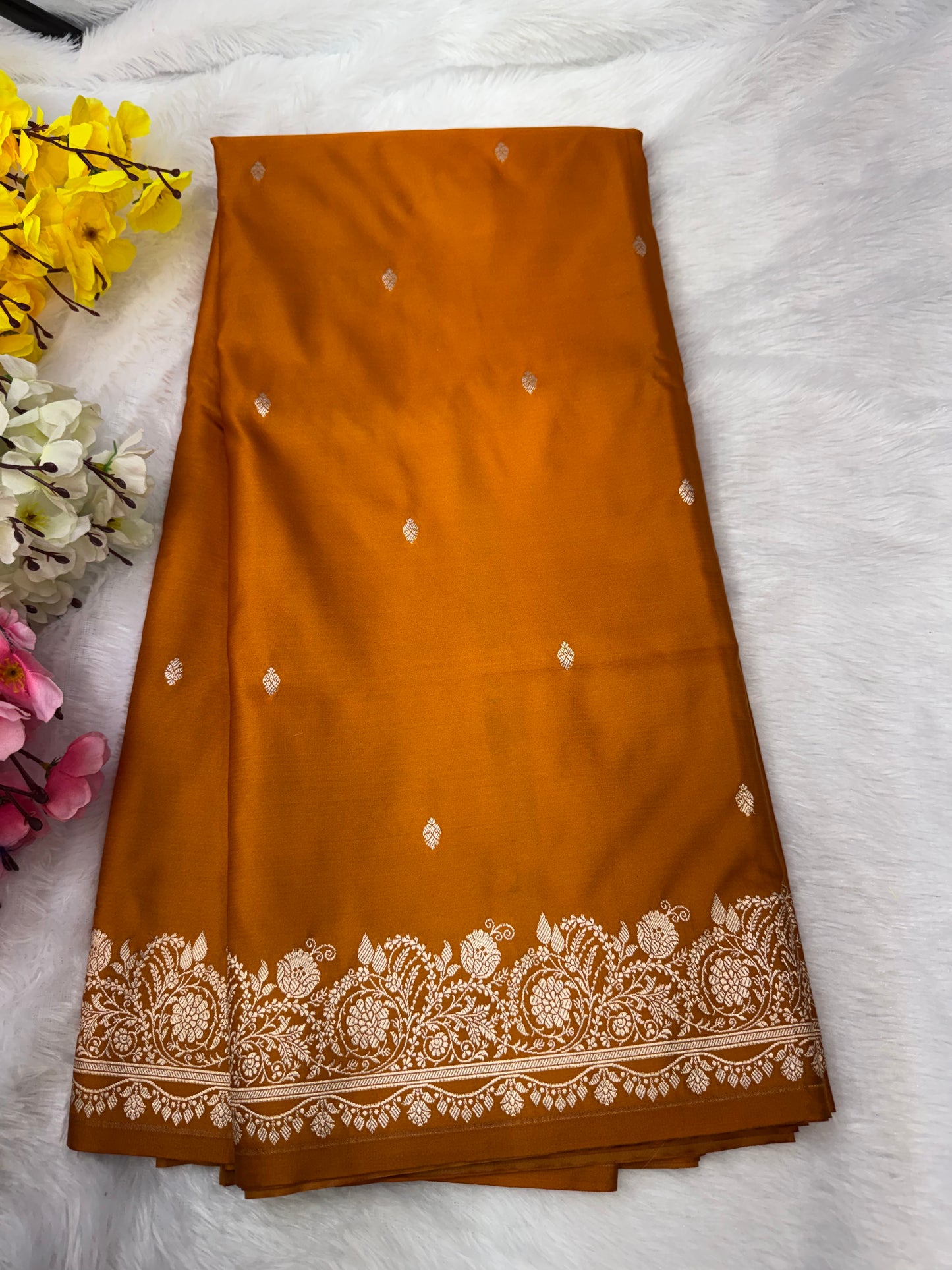 Premium Yellow Banarasi Mashru Katan Saree with Rose Gold Zari