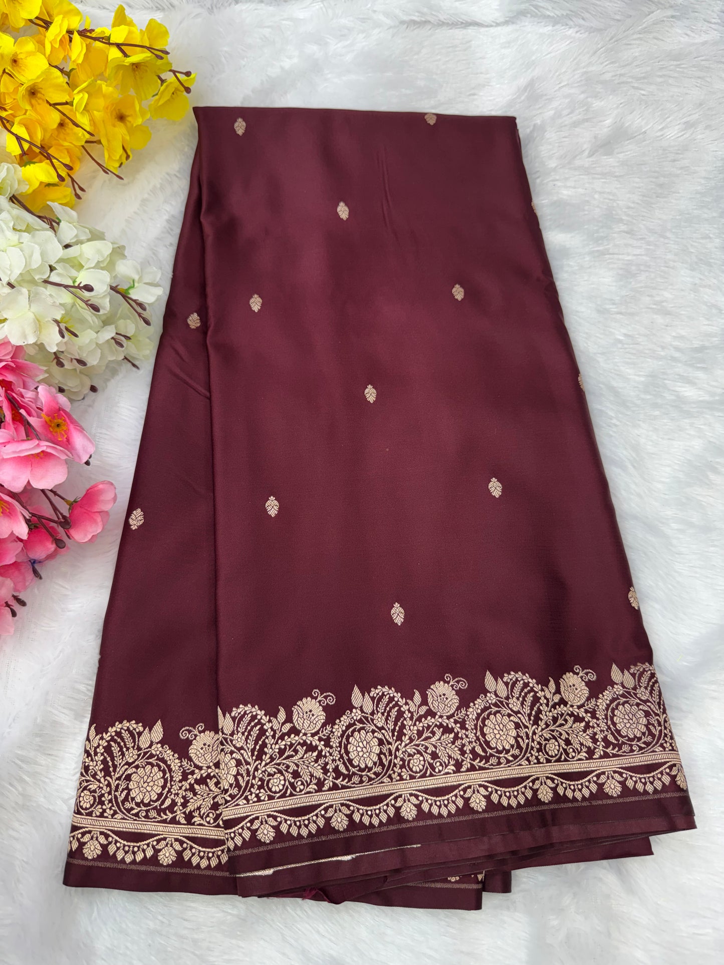 Premium Brown Banarasi Mashru Katan Saree with Rose Gold Zari