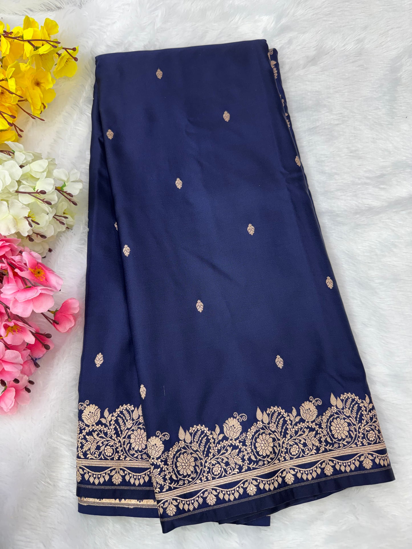 Premium Blue Banarasi Mashru Katan Saree with Rose Gold Zari