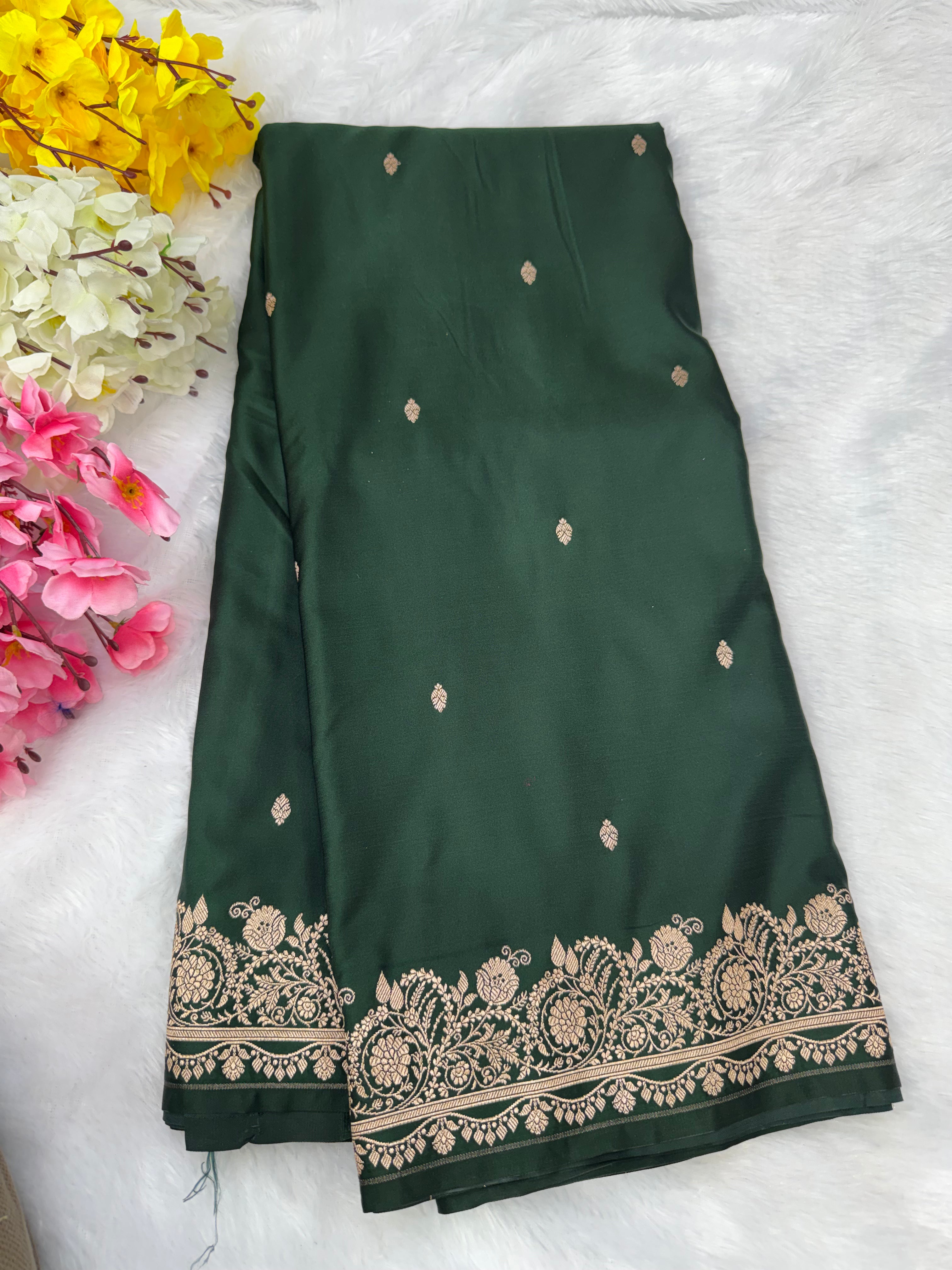 Premium Dark Green Banarasi Mashru Katan Saree with Rose Gold Zari