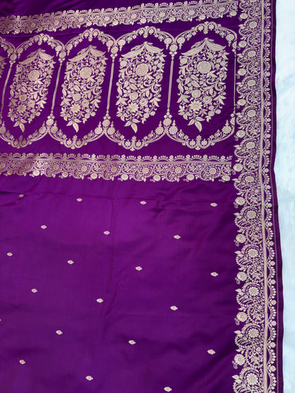 Premium Purple Banarasi Mashru Katan Saree with Rose Gold Zari
