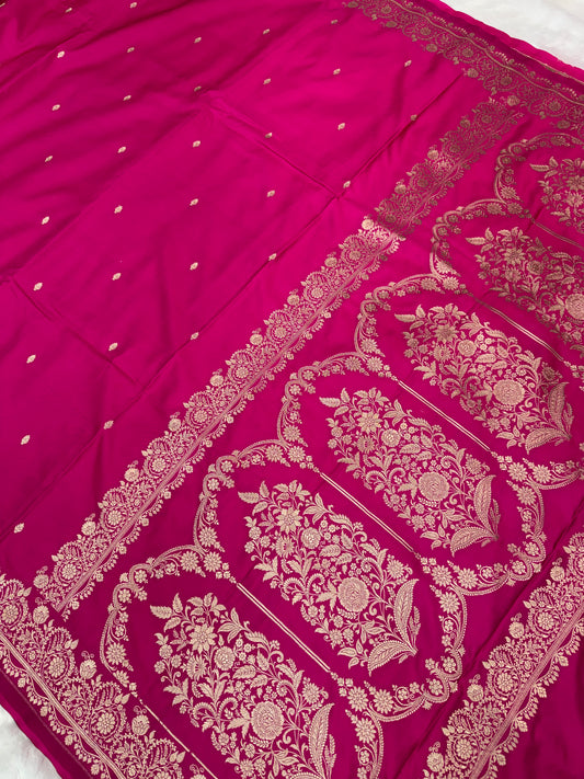 Premium Pink Banarasi Mashru Katan Saree with Rose Gold Zari