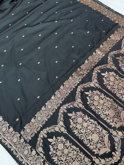 Premium Black Banarasi Mashru Katan Saree with Rose Gold Zari