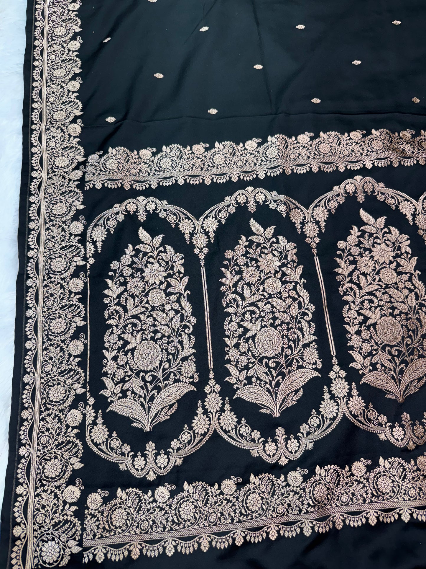 Premium Black Banarasi Mashru Katan Saree with Rose Gold Zari
