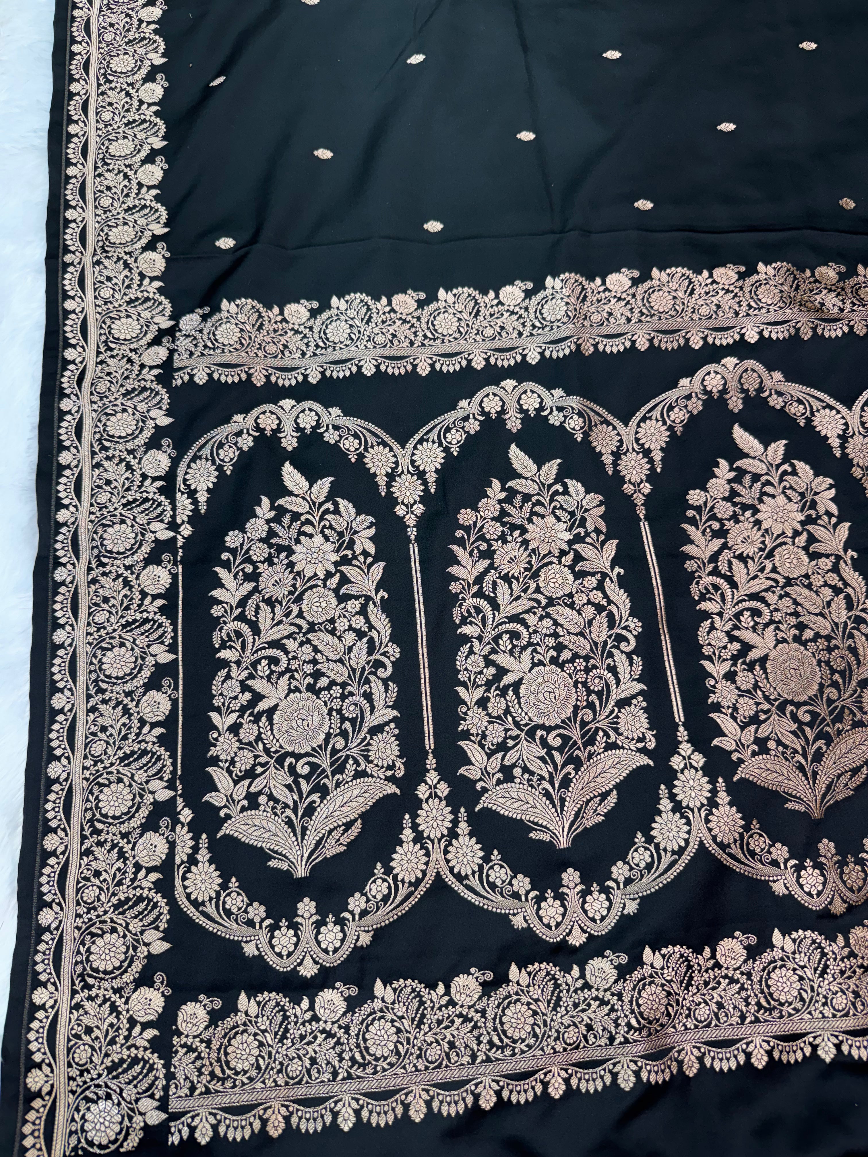 Premium Black Banarasi Mashru Katan Saree with Rose Gold Zari