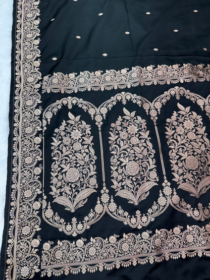 Premium Black Banarasi Mashru Katan Saree with Rose Gold Zari