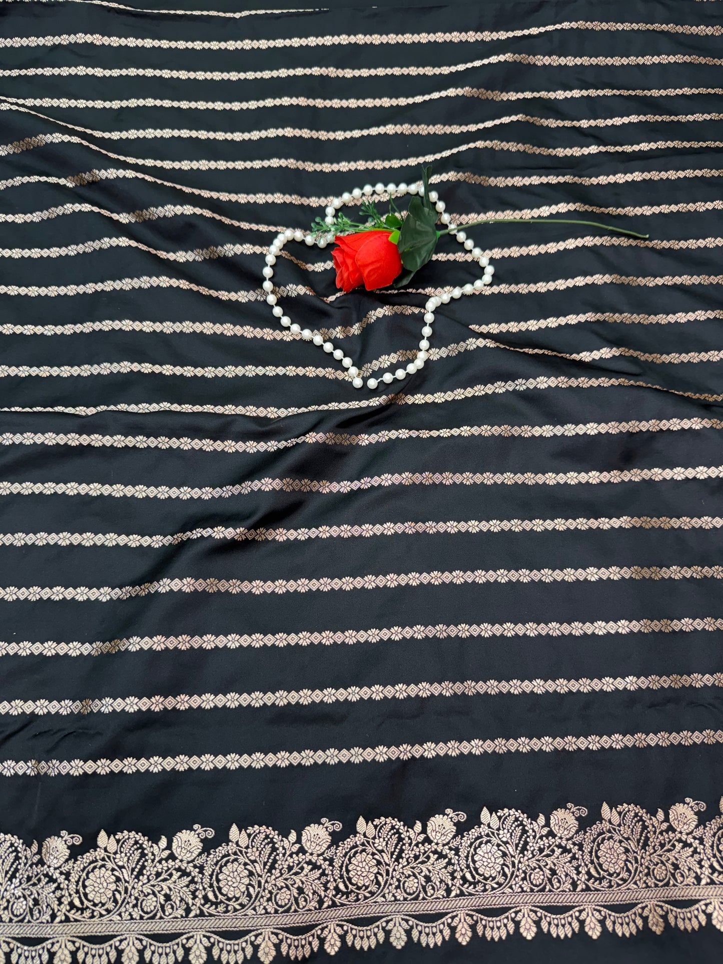 Premium Black Banarasi Mashru Katan Saree with Rose Gold Zari