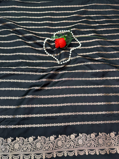 Premium Black Banarasi Mashru Katan Saree with Rose Gold Zari