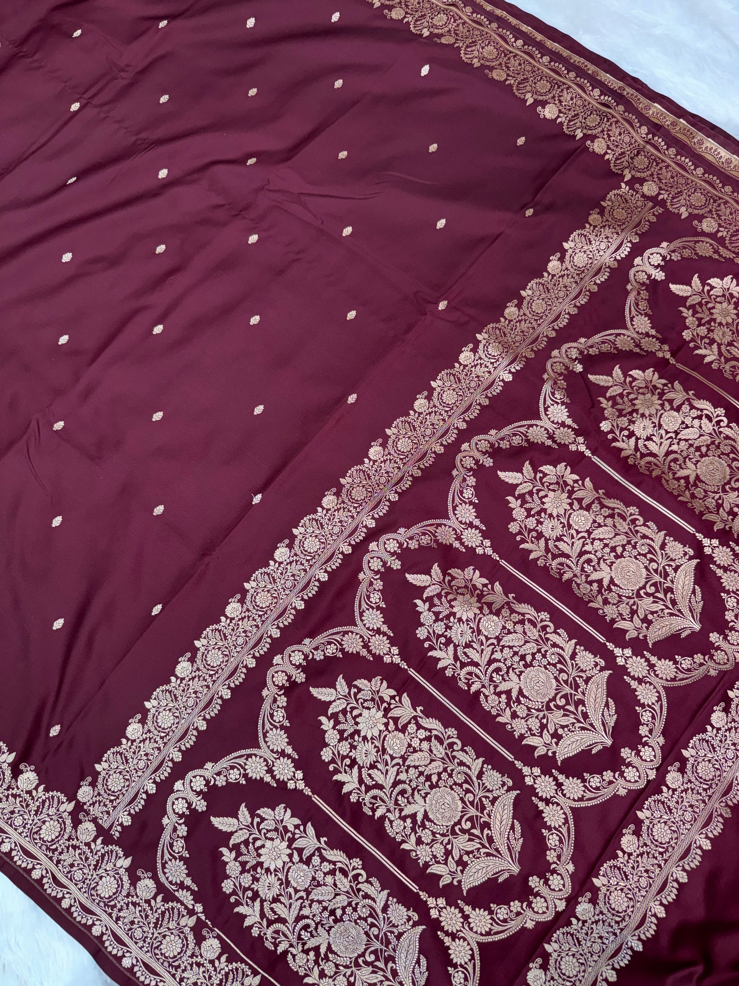 Premium Brown Banarasi Mashru Katan Saree with Rose Gold Zari