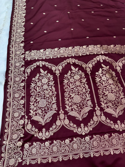 Premium Brown Banarasi Mashru Katan Saree with Rose Gold Zari