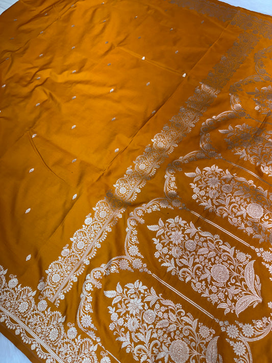 Premium Yellow Banarasi Mashru Katan Saree with Rose Gold Zari