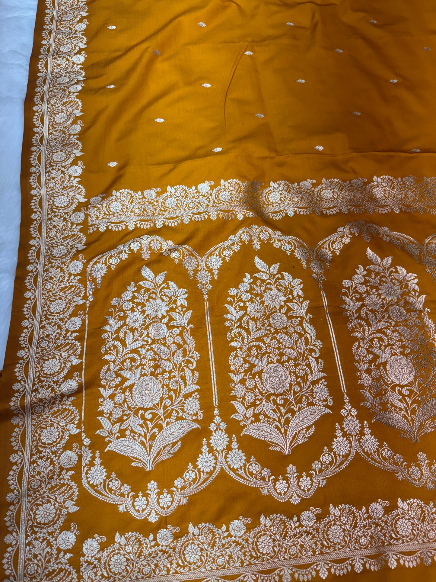 Premium Yellow Banarasi Mashru Katan Saree with Rose Gold Zari