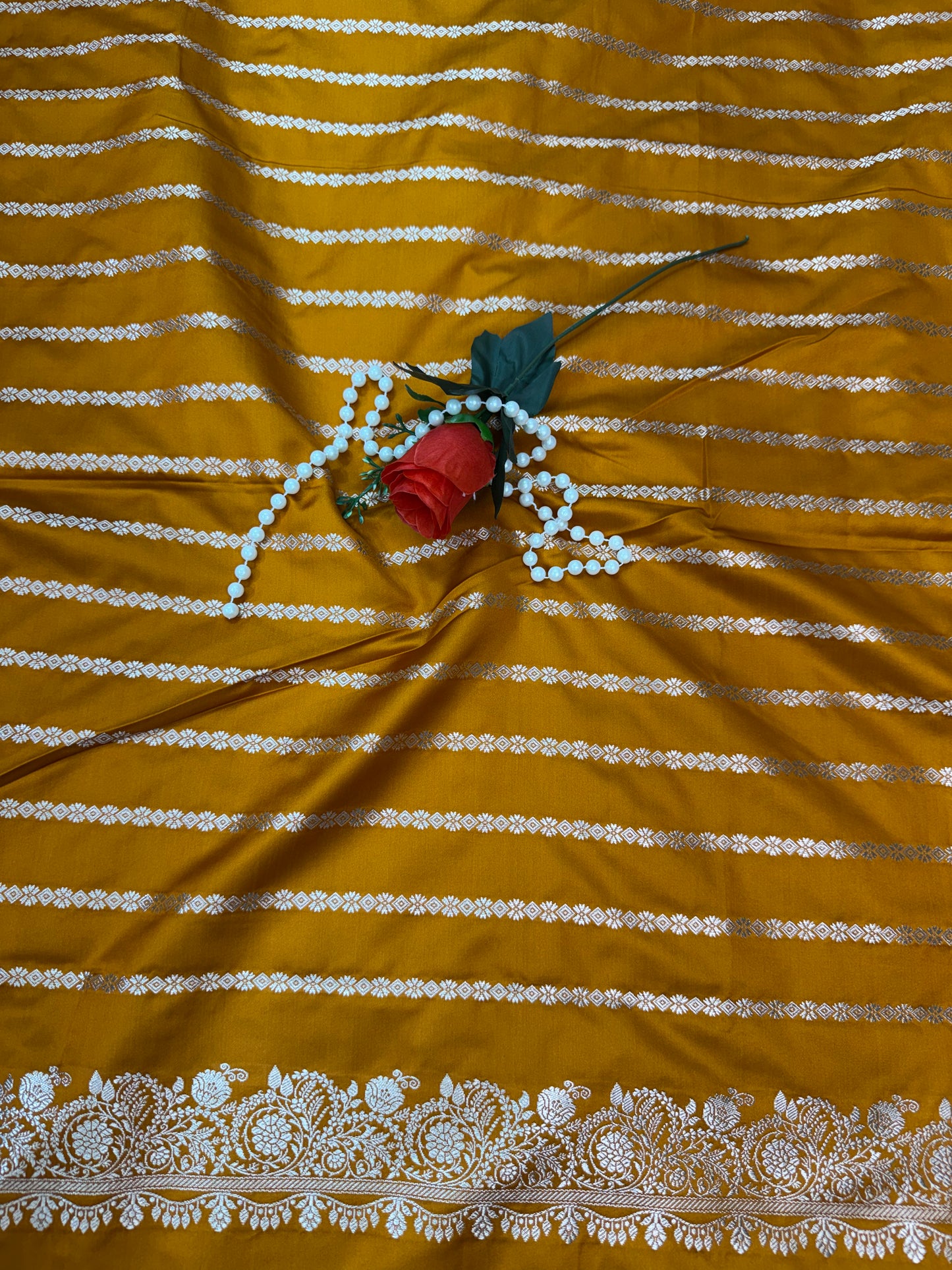 Premium Yellow Banarasi Mashru Katan Saree with Rose Gold Zari