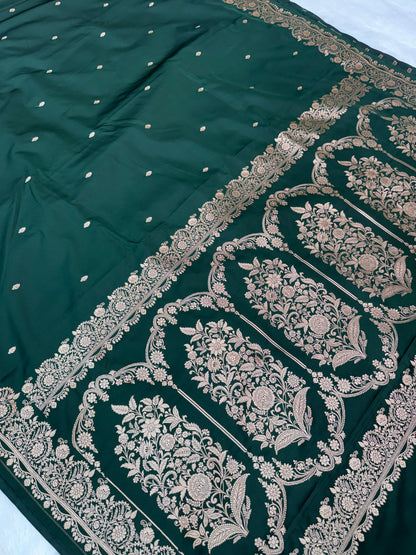 Premium Dark Green Banarasi Mashru Katan Saree with Rose Gold Zari