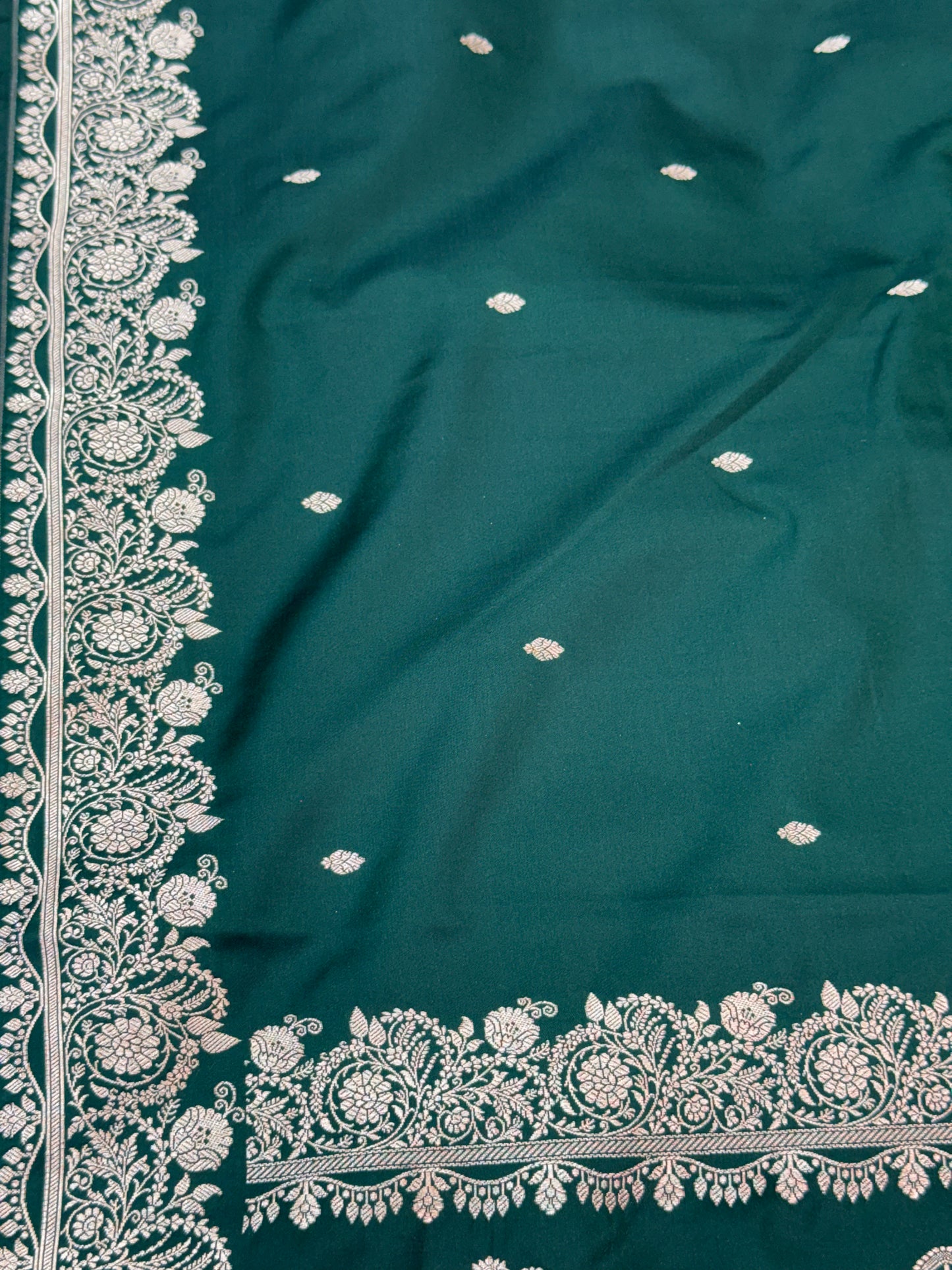 Premium Dark Green Banarasi Mashru Katan Saree with Rose Gold Zari