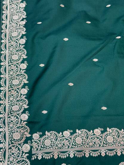 Premium Dark Green Banarasi Mashru Katan Saree with Rose Gold Zari