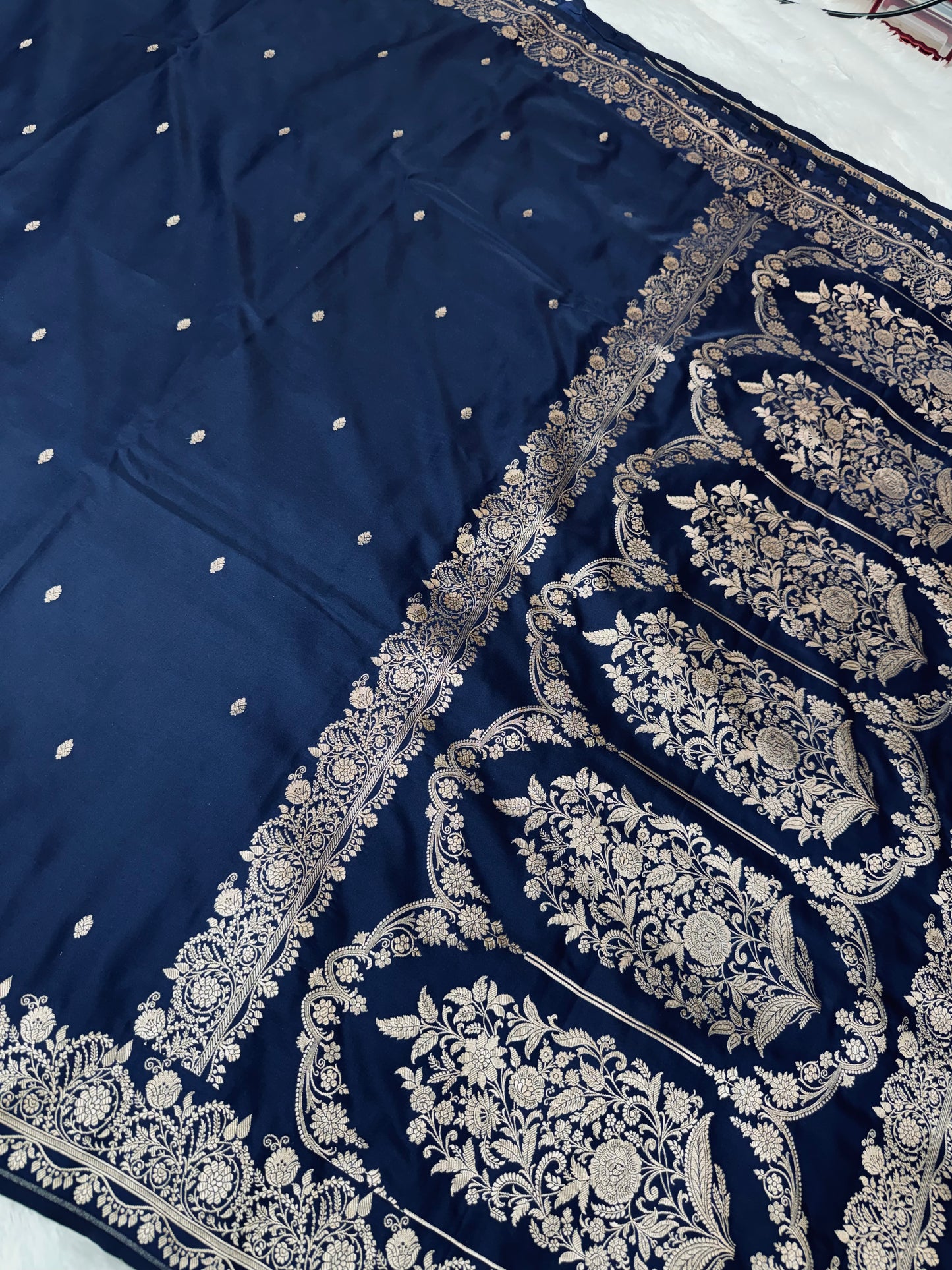 Premium Blue Banarasi Mashru Katan Saree with Rose Gold Zari