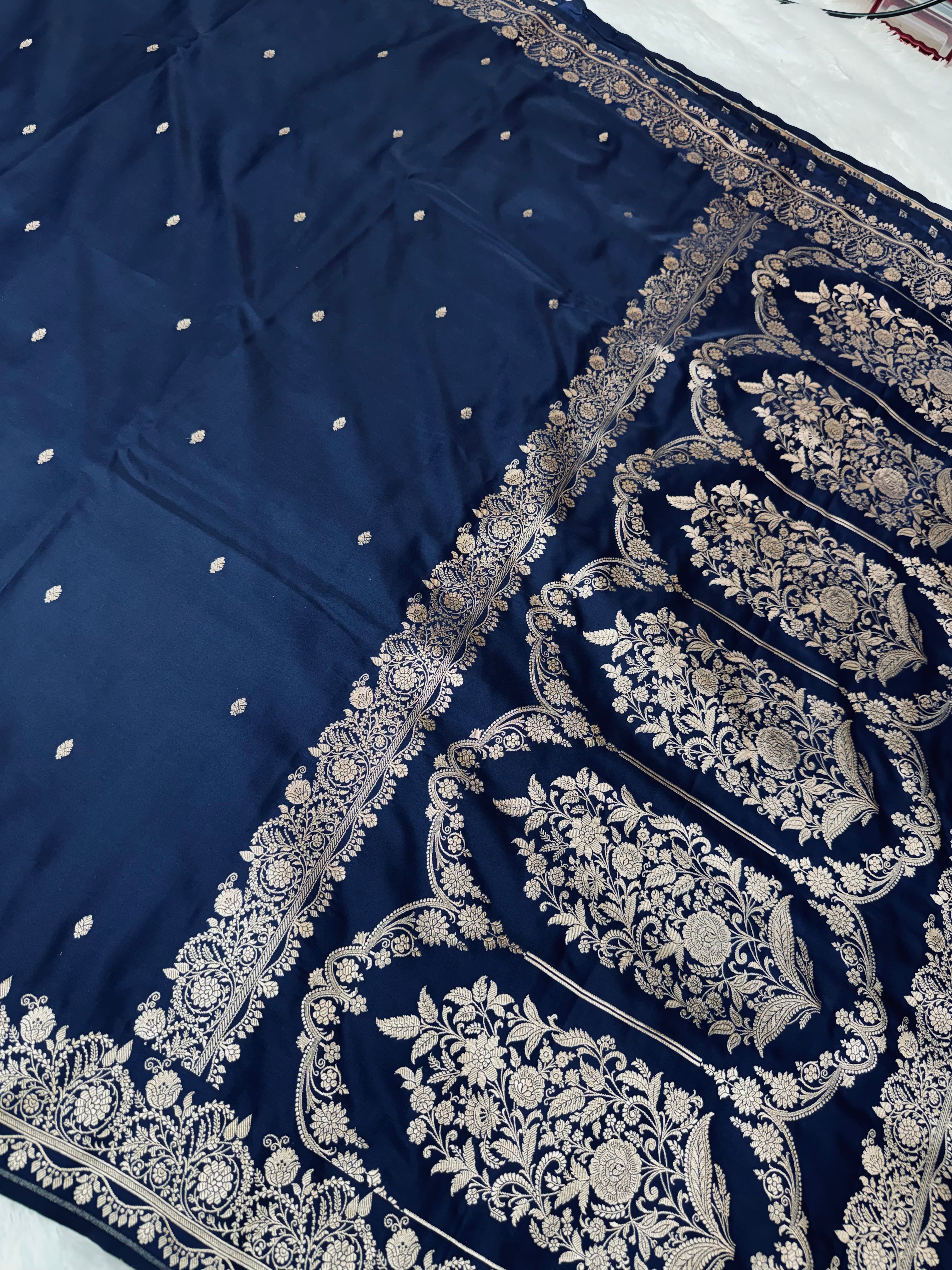 Premium Blue Banarasi Mashru Katan Saree with Rose Gold Zari