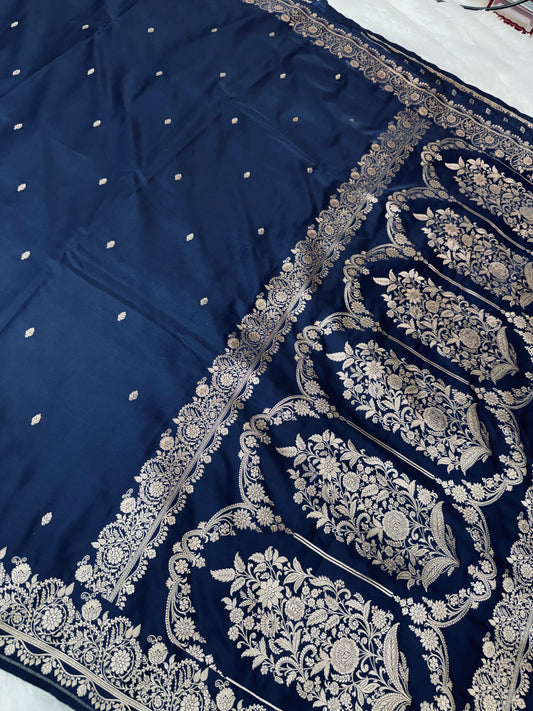 Premium Blue Banarasi Mashru Katan Saree with Rose Gold Zari