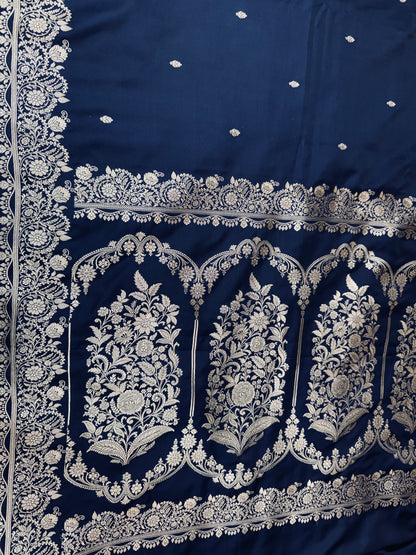 Premium Blue Banarasi Mashru Katan Saree with Rose Gold Zari