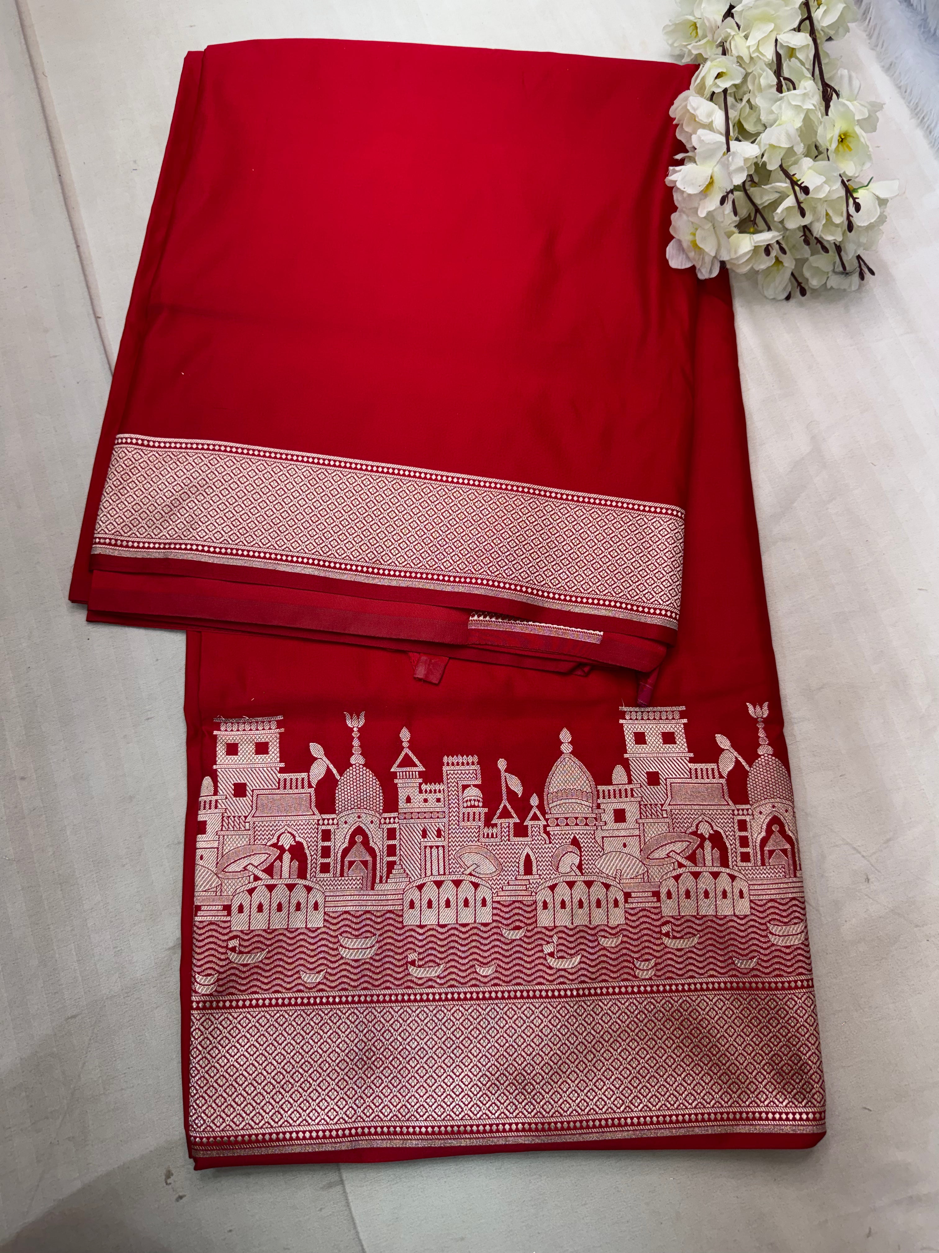 Premium Banarasi Ganga Ghat Red Mashru Katan Saree