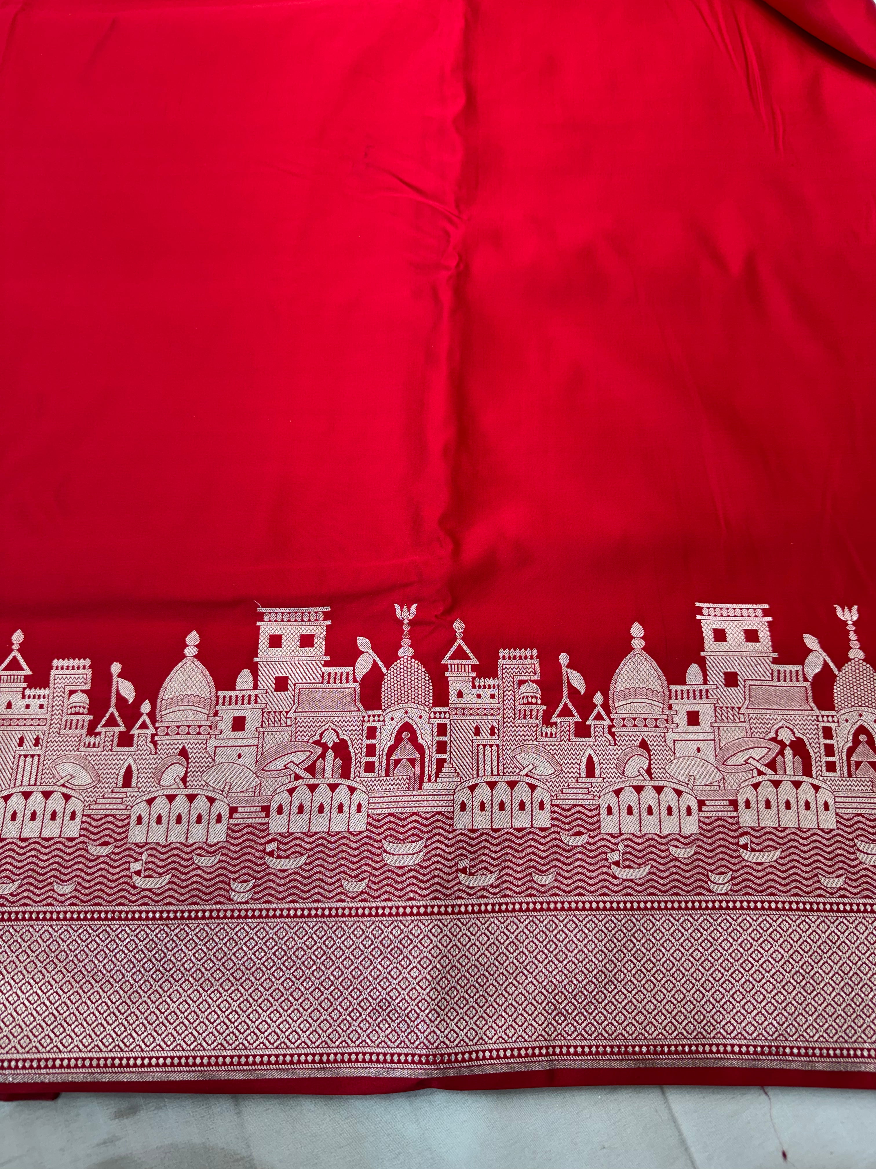 Premium Banarasi Ganga Ghat Red Mashru Katan Saree