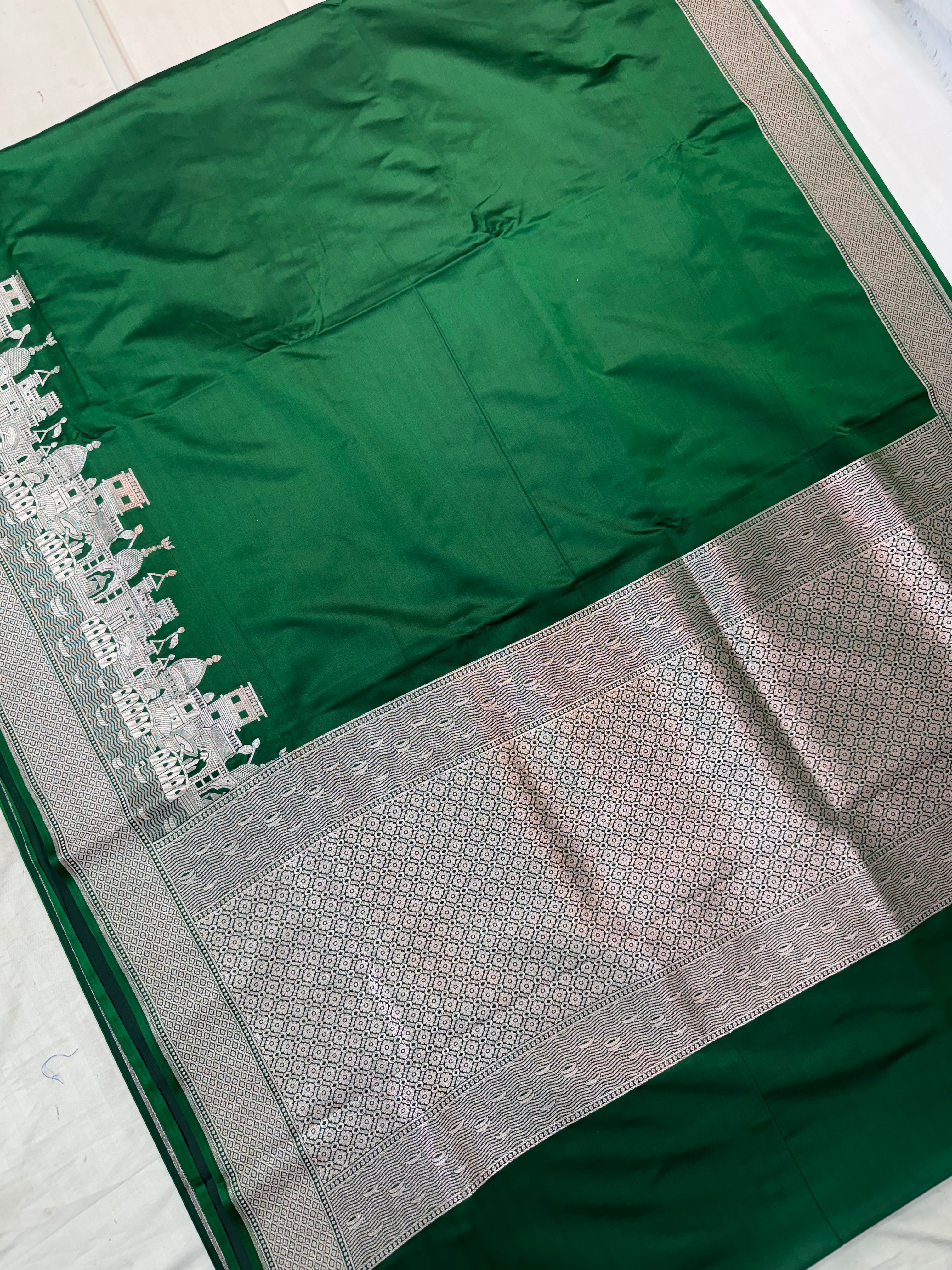 Premium Banarasi Ganga Ghat Green Mashru Katan Saree