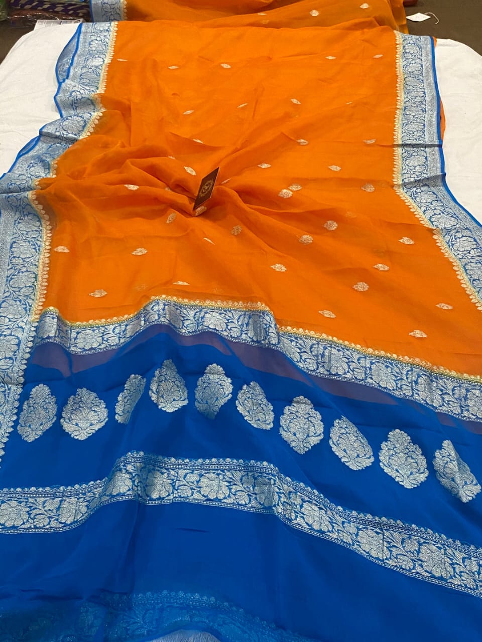 Royal Blue & Orange Contrast Pure Khaddi Chiffon Kadhua with Silver Zari Saree