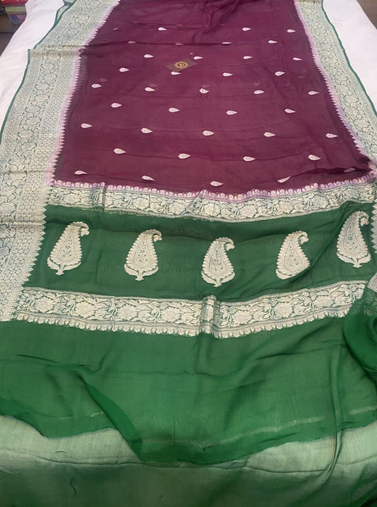 Bottle Green & Wine Contrast Pure Khaddi Chiffon Kadhua with Silver Zari Saree