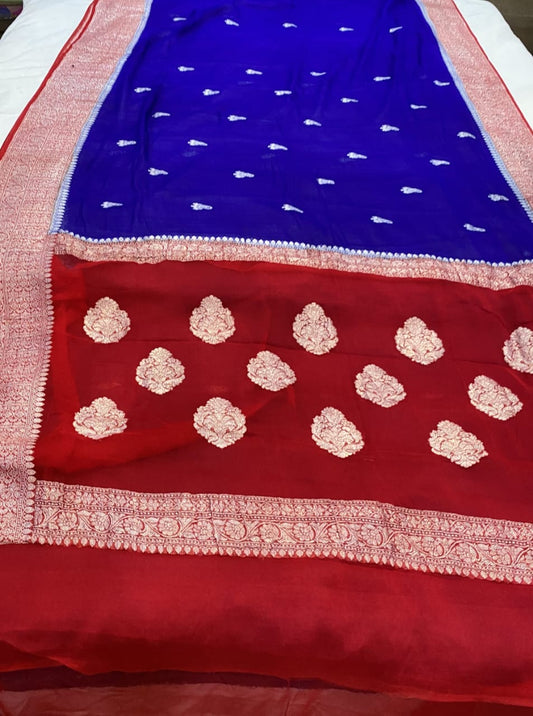Red & Royal Blue Contrast Pure Khaddi Chiffon Kadhua with Silver Zari Saree